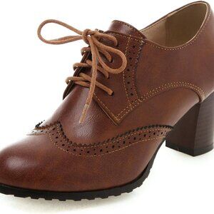 Womens Chunky Heel Oxfords Leather Wide Fit Lace Up Dress Shoes